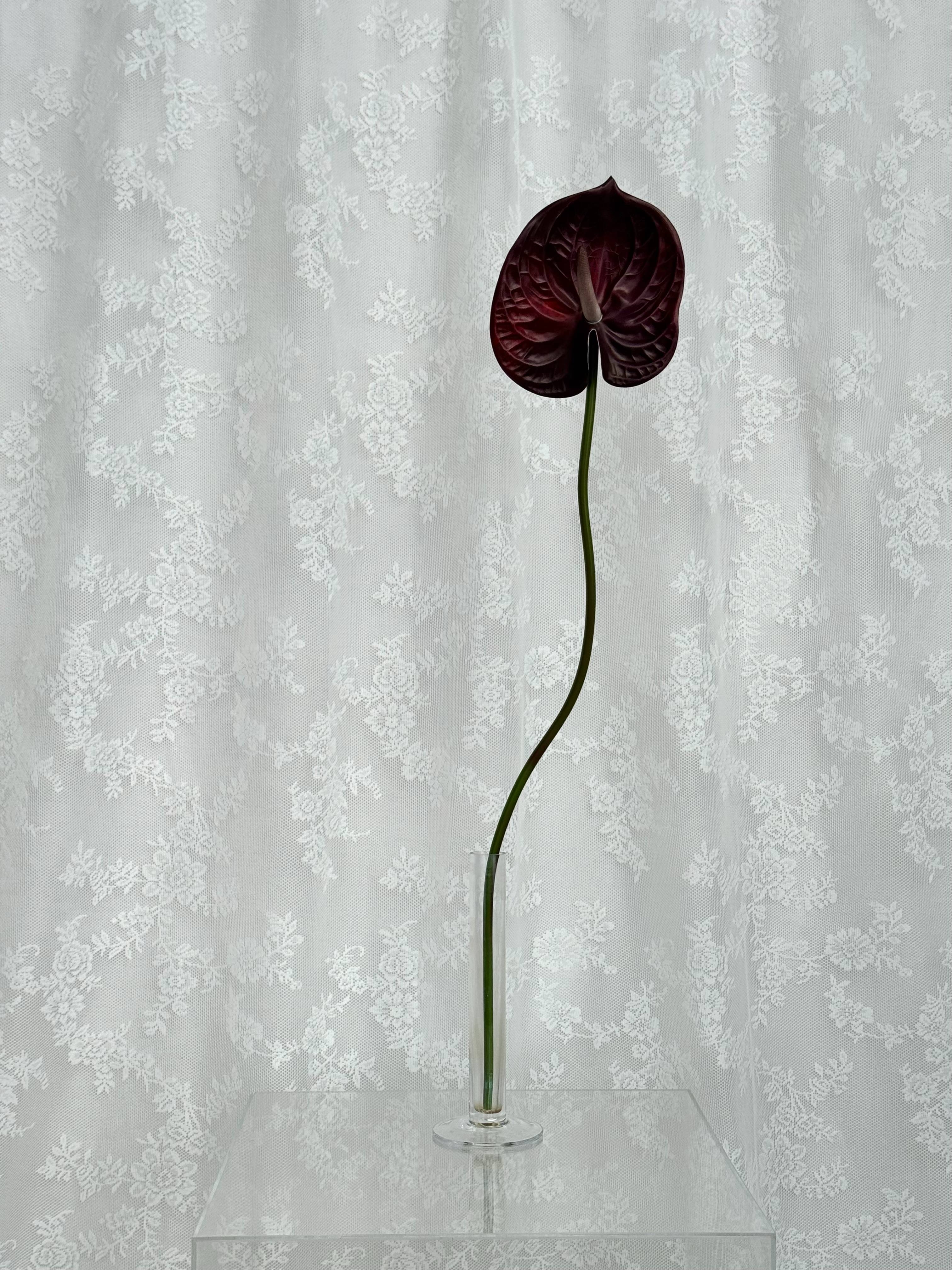 Artificial large anthurium flower by Fleuristic with vibrant red petals and lush green leaves, perfect for decorative arrangements.