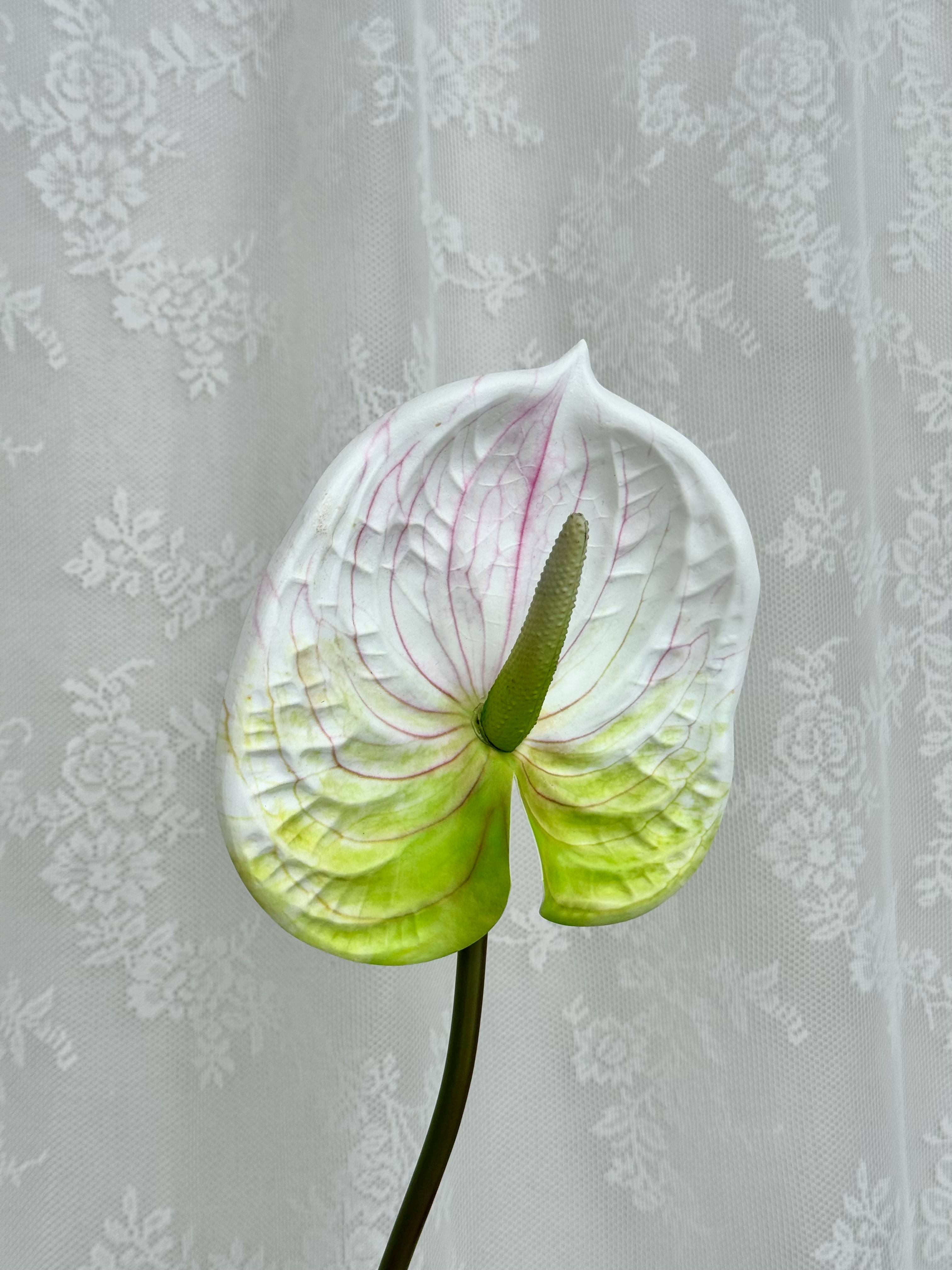 Artificial large anthurium flower by Fleuristic with vibrant red petals and lush green leaves.