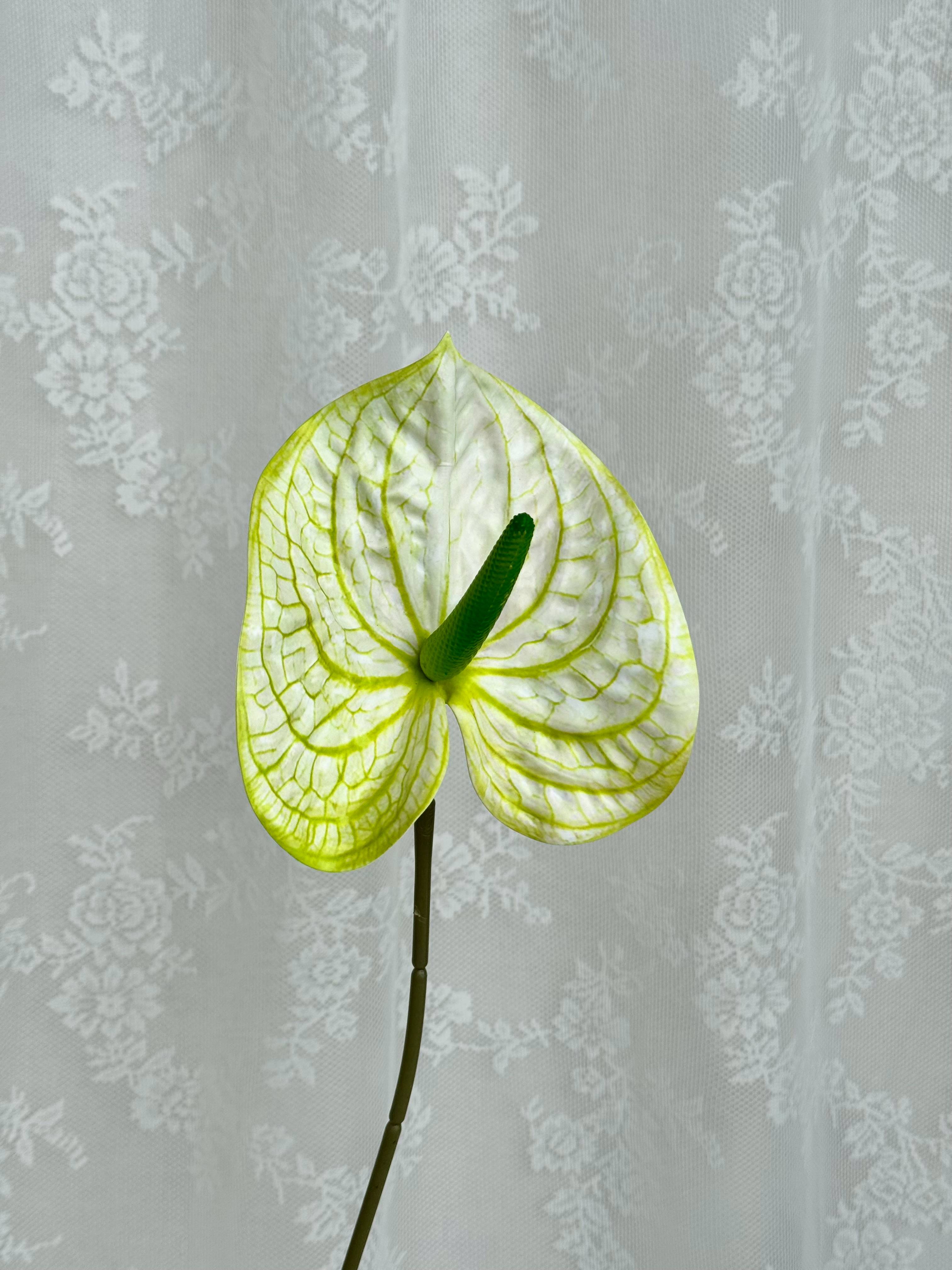 Artificial large Anthurium flower by Fleuristic with vibrant red petals and lush green leaves, showcasing realistic detail.
