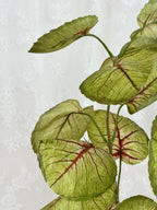 Fleuristic artificial green and red blade leaves with detailed texture, suitable for decorative floral arrangements.
