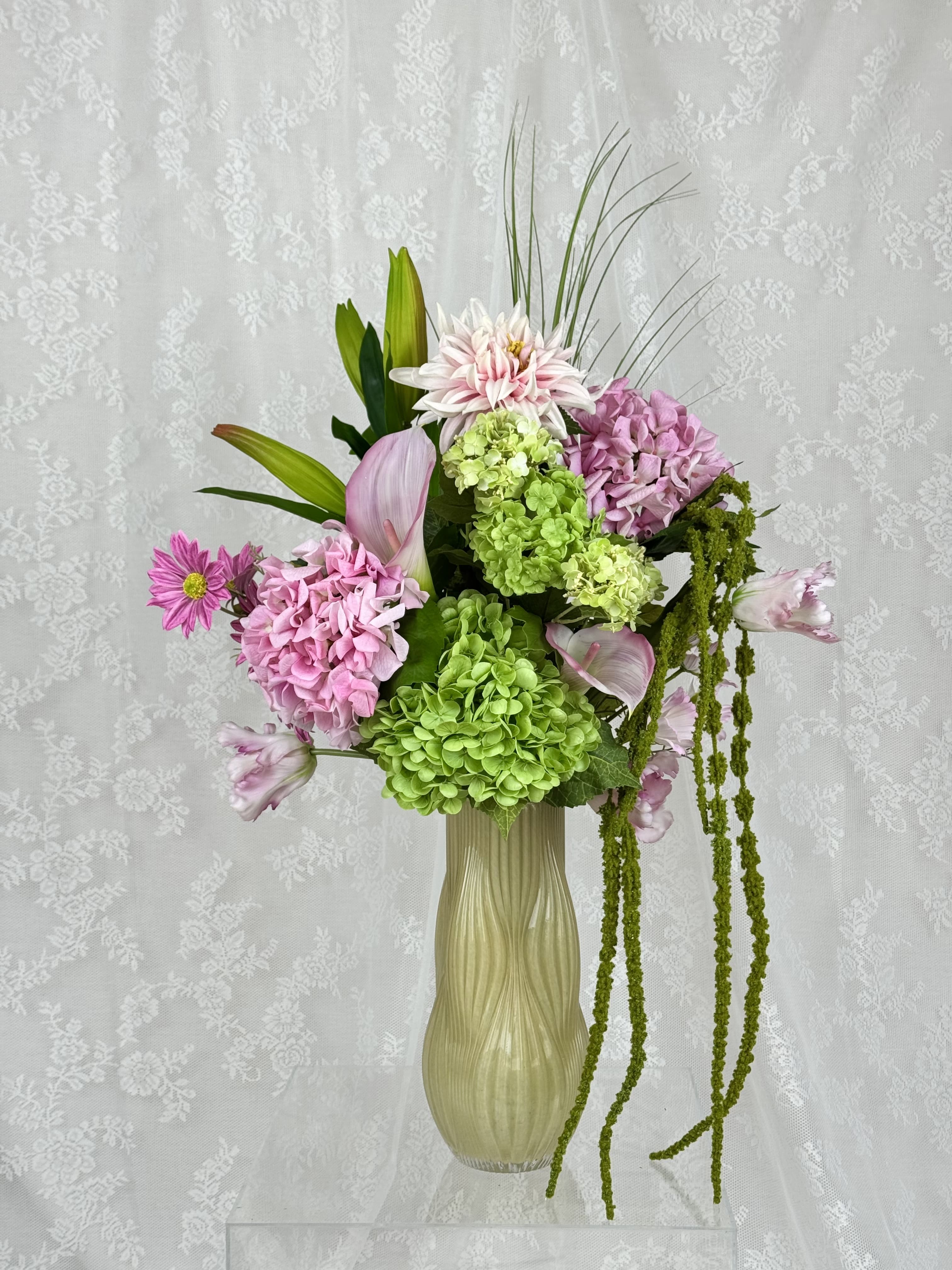 Artificial spring blush flower bouquet by Fleuristic, featuring soft pink and green blooms for a fresh floral display.